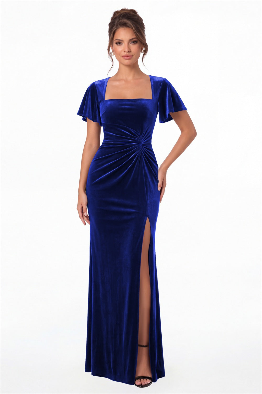 Royal Blue Square Neck Flutter Sleeve Velvet Ruched Slit Maxi Gown - Front View