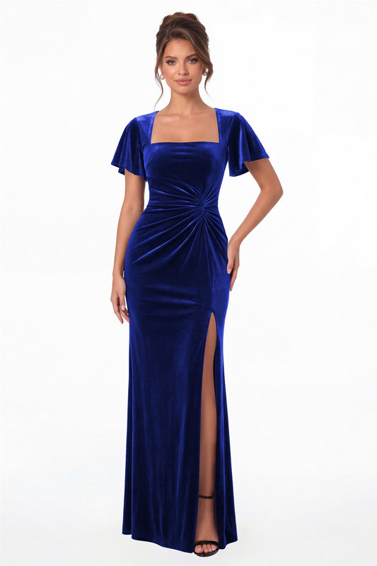 Royal Blue Square Neck Flutter Sleeve Velvet Ruched Slit Maxi Gown - Front View