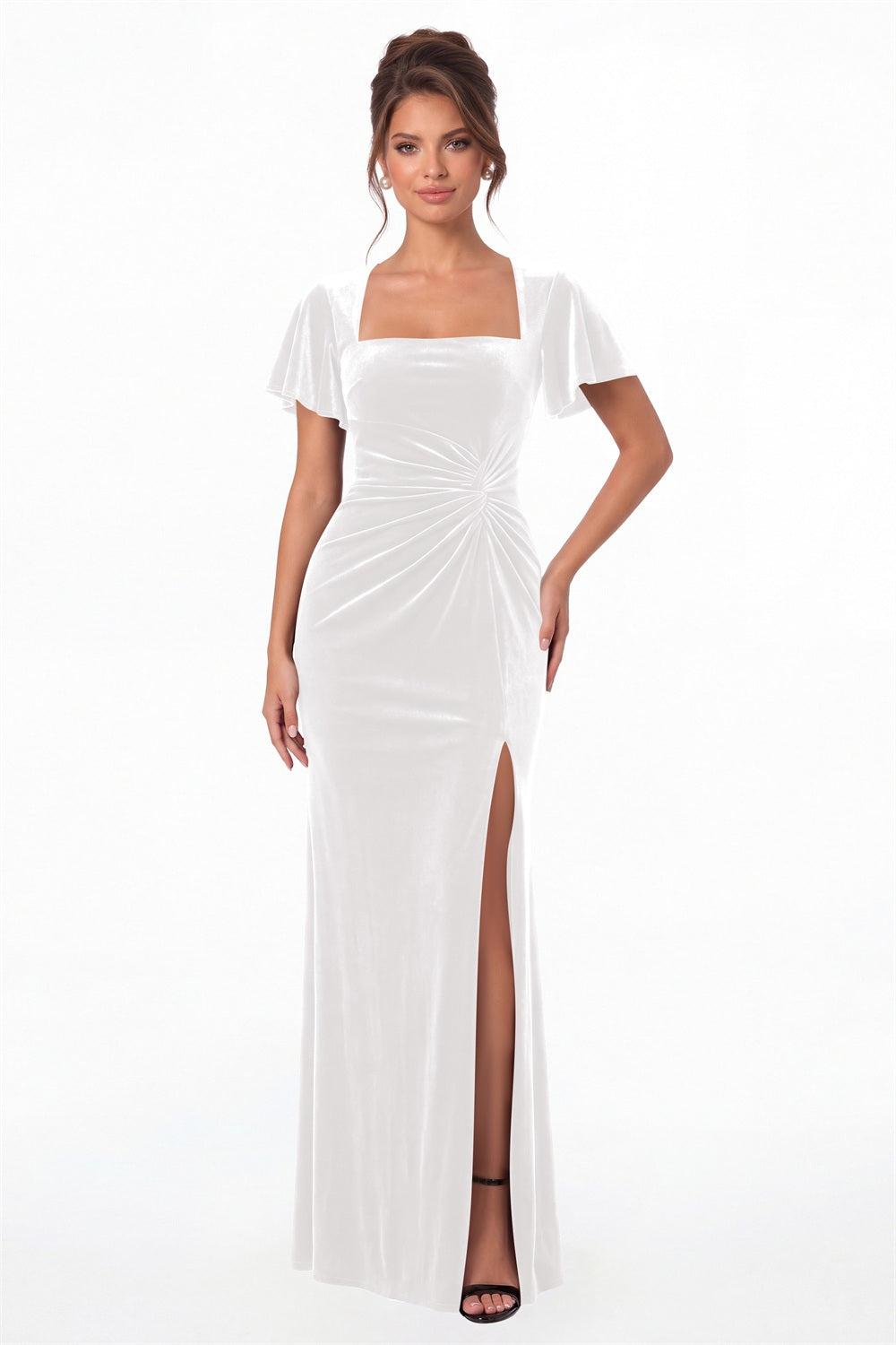 White Square Neck Flutter Sleeve Velvet Ruched Slit Maxi Gown - Front View
