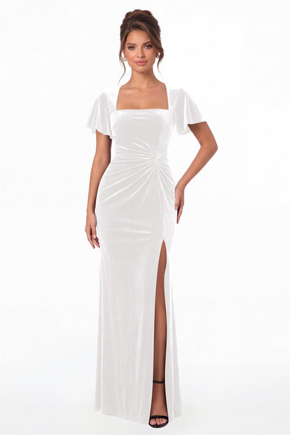 White Square Neck Flutter Sleeve Velvet Ruched Slit Maxi Gown - Front View