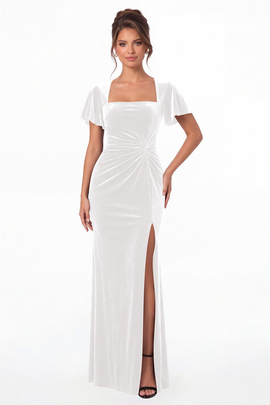 White Square Neck Flutter Sleeve Velvet Ruched Slit Maxi Gown - Front View