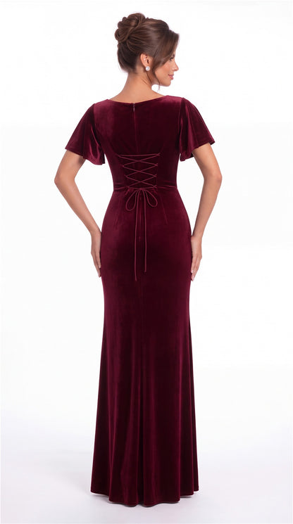 Square Neck Flutter Sleeve Velvet Ruched Slit Maxi Gown - Back View