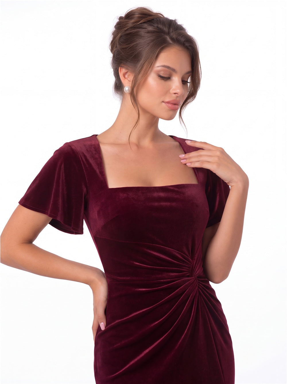 Square Neck Flutter Sleeve Velvet Ruched Slit Maxi Gown - Detail View 1