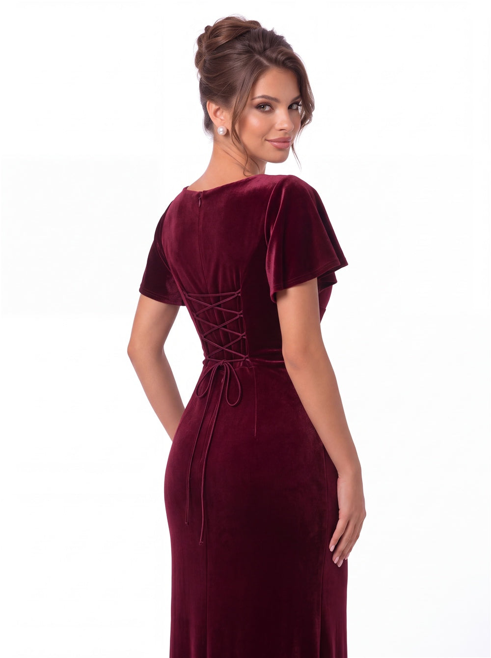 Square Neck Flutter Sleeve Velvet Ruched Slit Maxi Gown - Detail View 2
