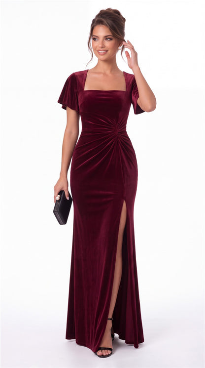 Square Neck Flutter Sleeve Velvet Ruched Slit Maxi Gown - Detail View 3