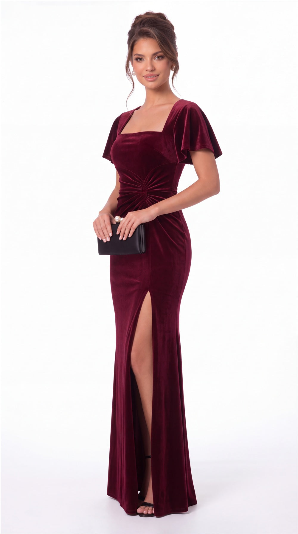 Square Neck Flutter Sleeve Velvet Ruched Slit Maxi Gown - Detail View 4