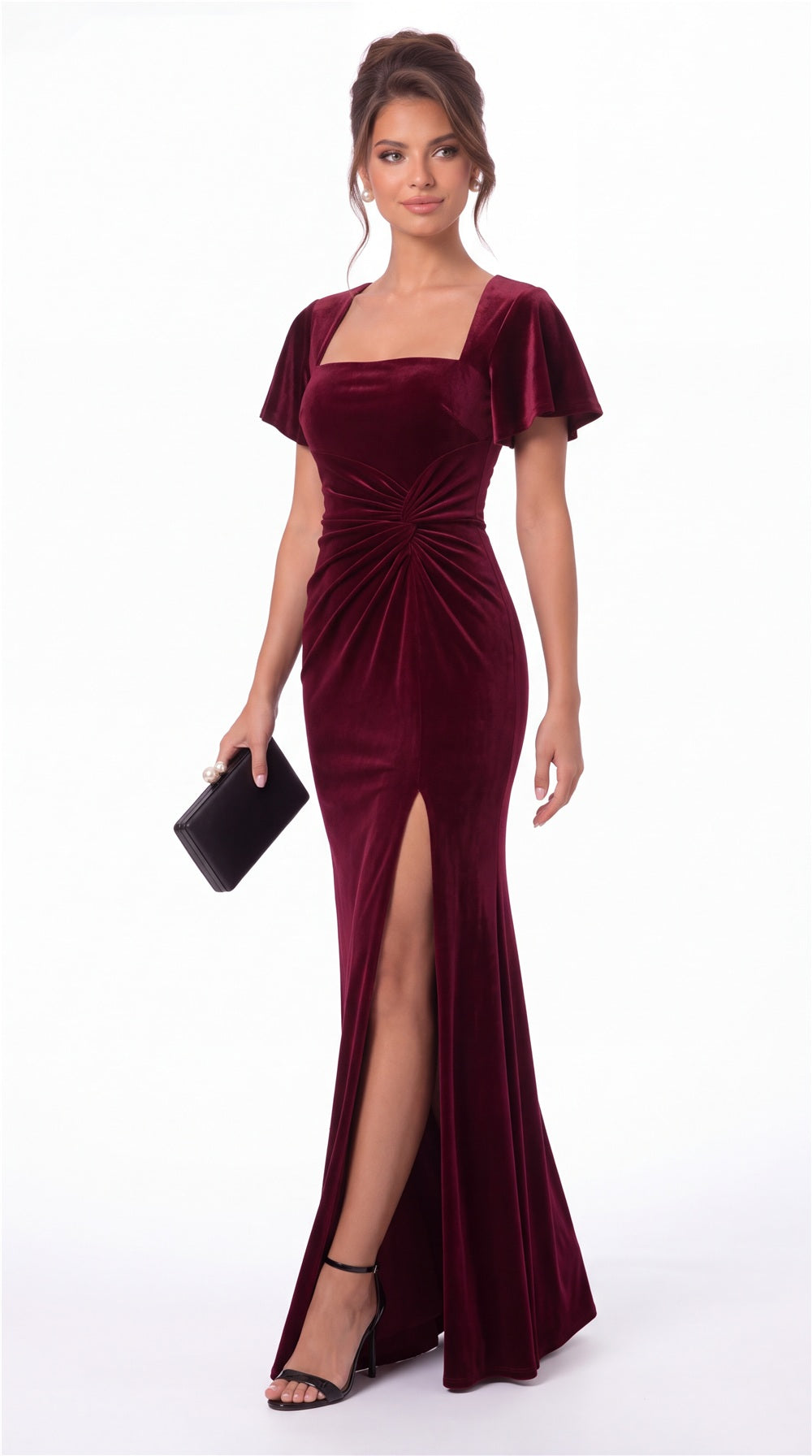 Square Neck Flutter Sleeve Velvet Ruched Slit Maxi Gown - Detail View 5