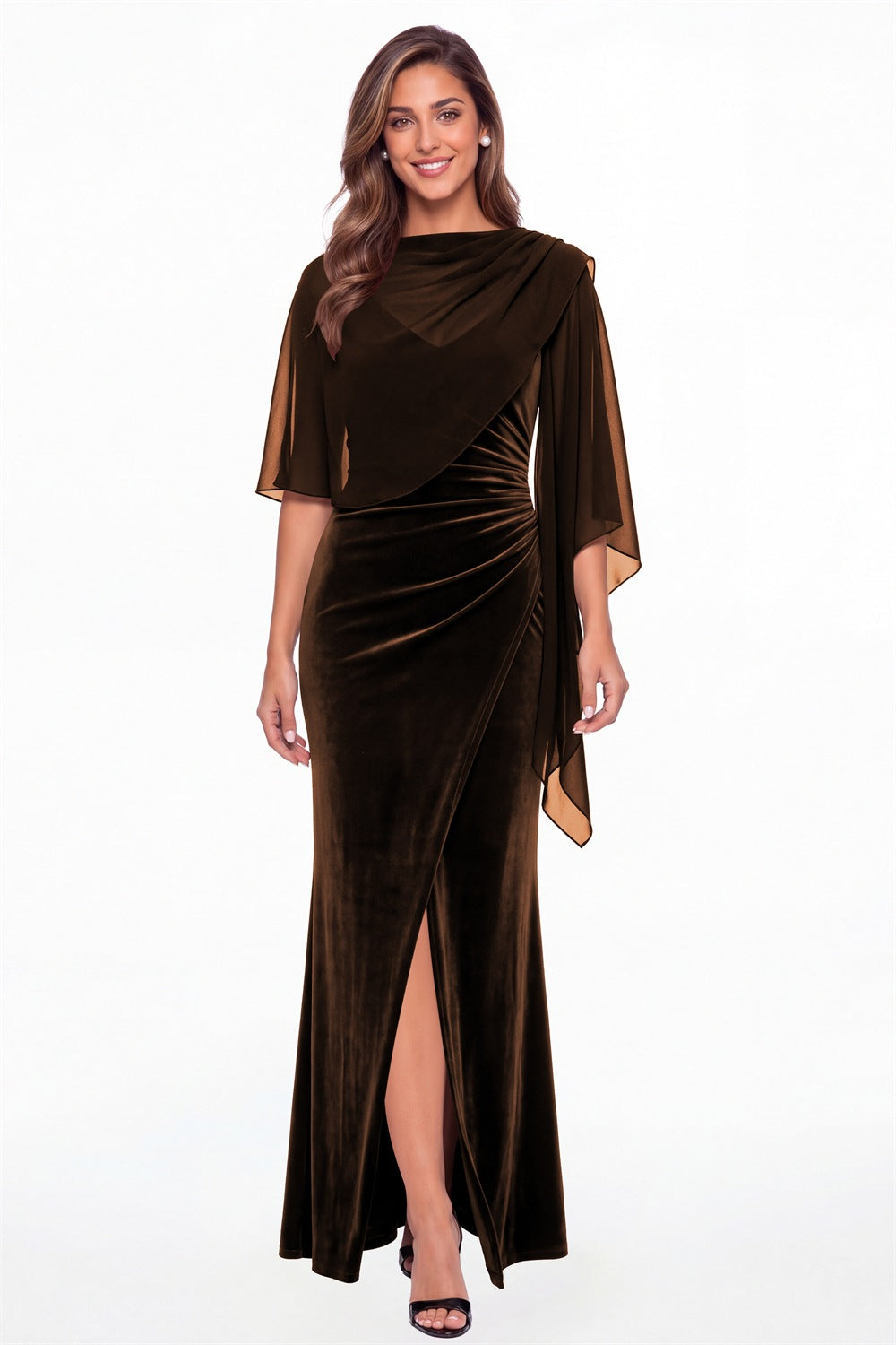 Brown V-Neck Velvet Ruched Slit Maxi Gown - Front View