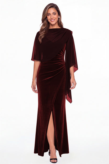 Burgundy V-Neck Velvet Ruched Slit Maxi Gown - Front View