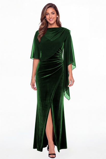 Emerald Green V-Neck Velvet Ruched Slit Maxi Gown - Front View