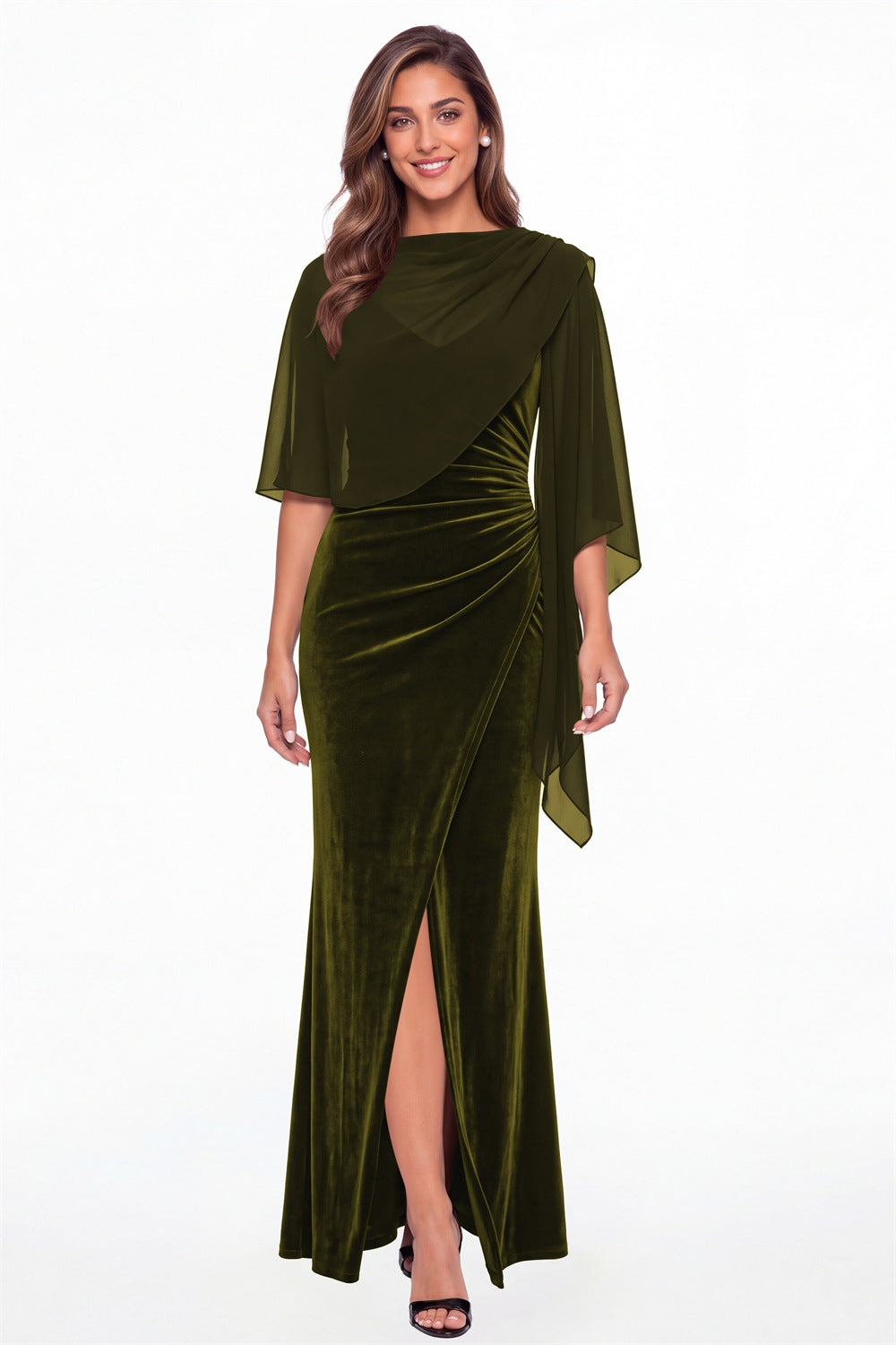 Olive Green V-Neck Velvet Ruched Slit Maxi Gown - Front View