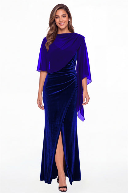 Royal Blue V-Neck Velvet Ruched Slit Maxi Gown - Front View