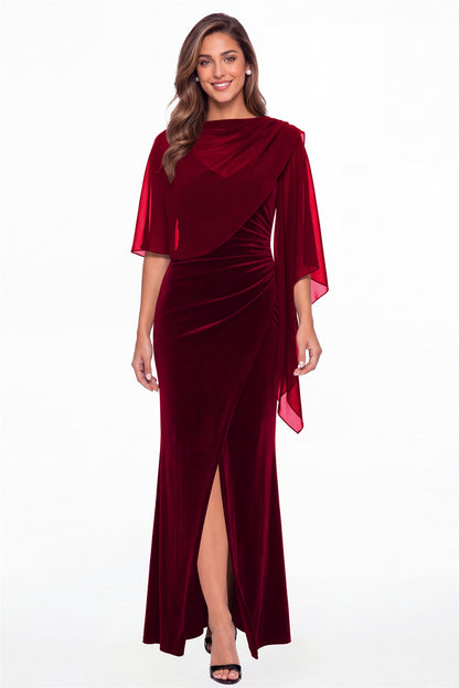 Wine Red V-Neck Velvet Ruched Slit Maxi Gown - Front View