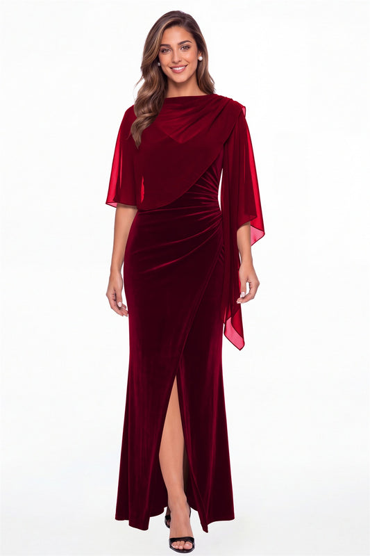 Wine Red V-Neck Velvet Ruched Slit Maxi Gown - Front View