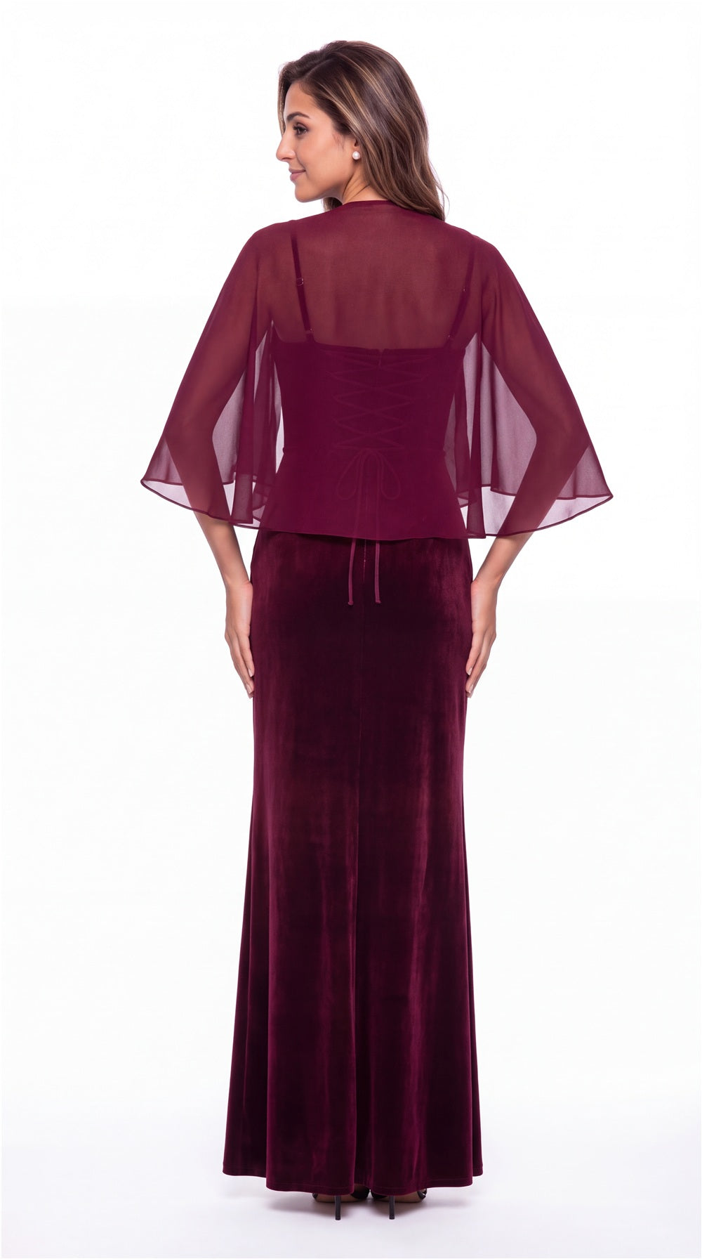 V-Neck Velvet Ruched Slit Maxi Gown - Back View