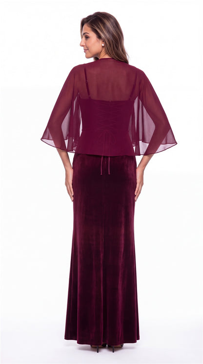 V-Neck Velvet Ruched Slit Maxi Gown - Back View