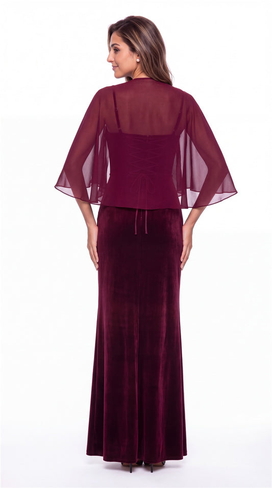 V-Neck Velvet Ruched Slit Maxi Gown - Back View