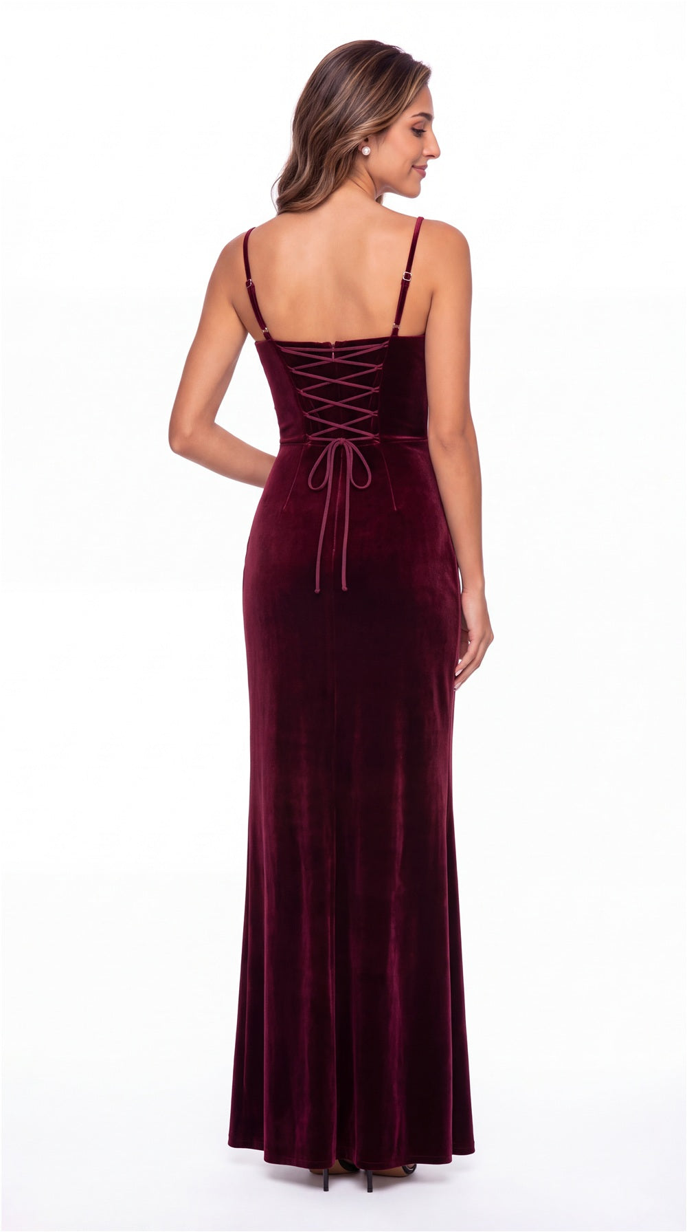 V-Neck Velvet Ruched Slit Maxi Gown - Detail View 3