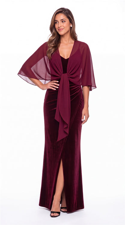 V-Neck Velvet Ruched Slit Maxi Gown - Detail View 4