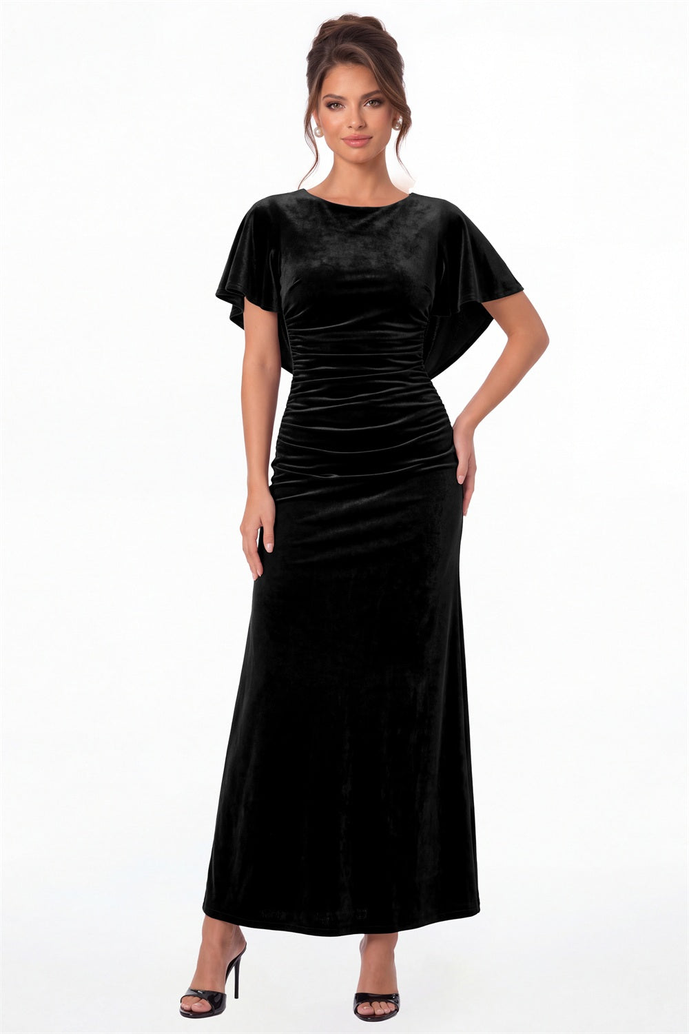 Black Scoop Neck Cape Sleeve Ruched Velvet Maxi Gown - Front View