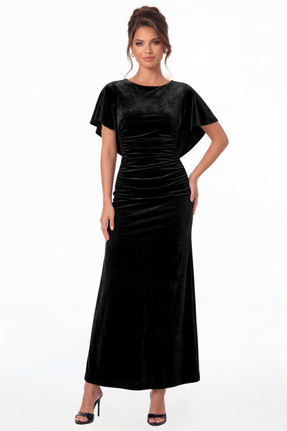 Black Scoop Neck Cape Sleeve Ruched Velvet Maxi Gown - Front View