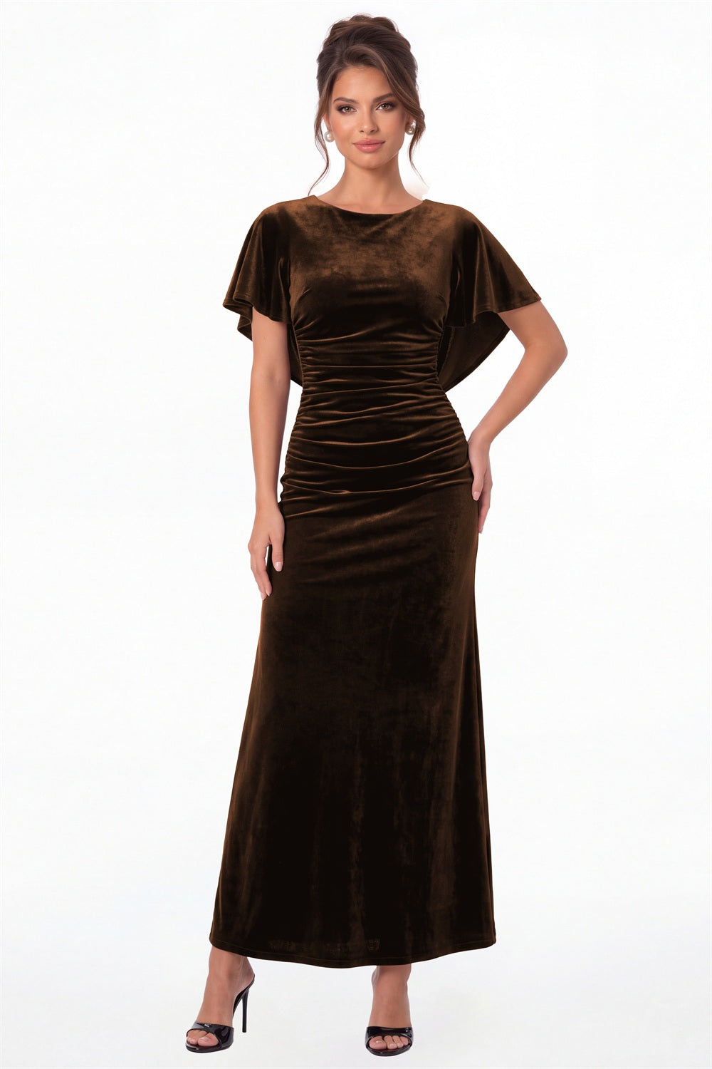 Brown Scoop Neck Cape Sleeve Ruched Velvet Maxi Gown - Front View