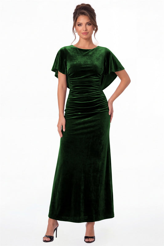 Emerald Green Scoop Neck Cape Sleeve Ruched Velvet Maxi Gown - Front View