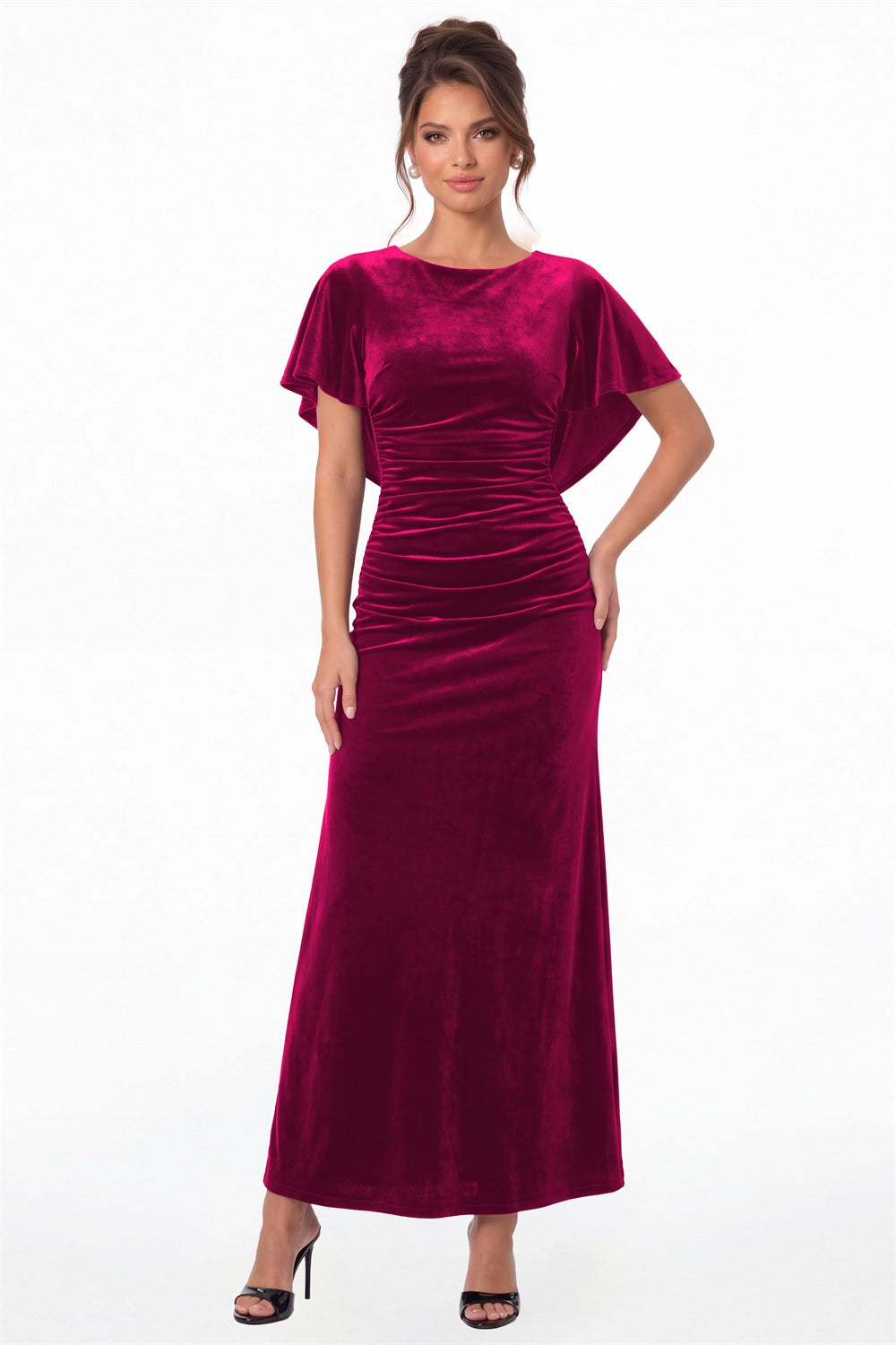 Fuchsia Scoop Neck Cape Sleeve Ruched Velvet Maxi Gown - Front View