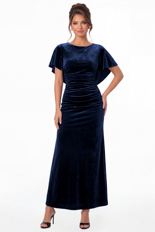 Navy Blue Scoop Neck Cape Sleeve Ruched Velvet Maxi Gown - Front View