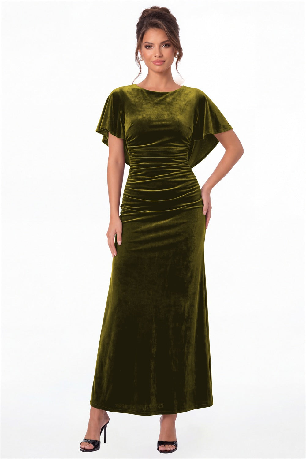 Olive Green Scoop Neck Cape Sleeve Ruched Velvet Maxi Gown - Front View