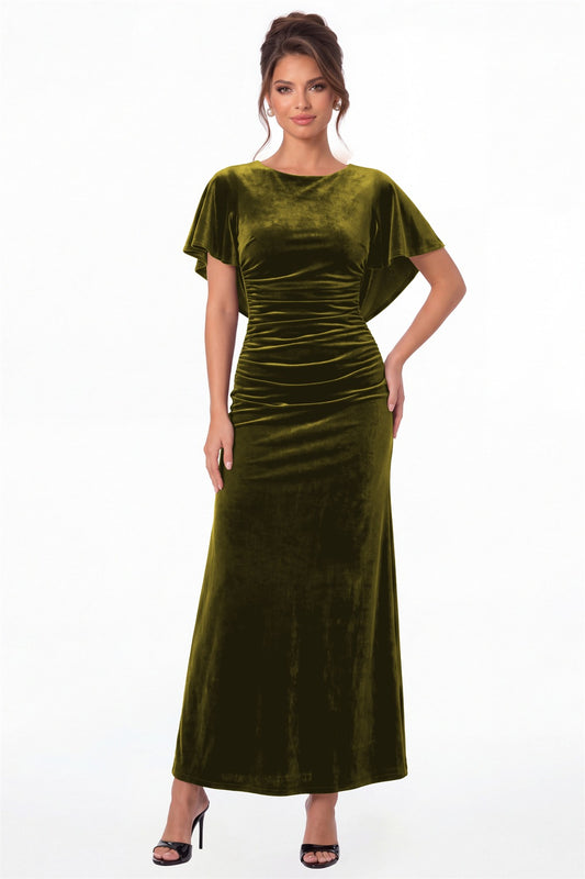 Olive Green Scoop Neck Cape Sleeve Ruched Velvet Maxi Gown - Front View