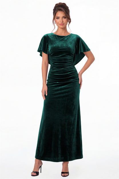 Peacock Scoop Neck Cape Sleeve Ruched Velvet Maxi Gown - Front View