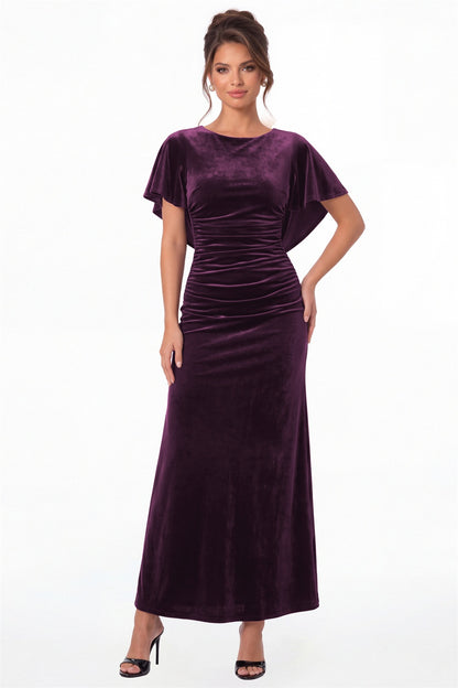 Plum Scoop Neck Cape Sleeve Ruched Velvet Maxi Gown - Front View