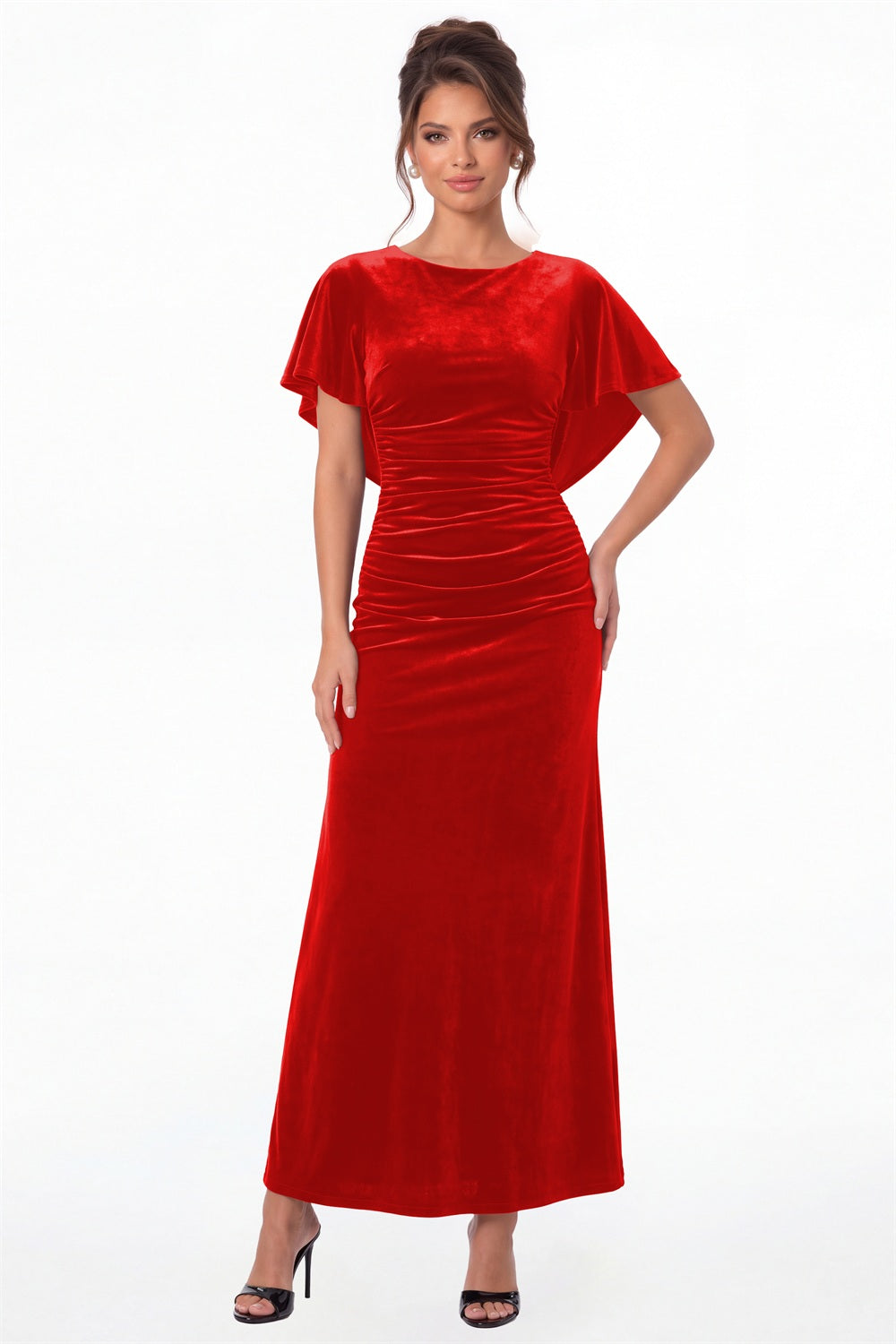 Red Scoop Neck Cape Sleeve Ruched Velvet Maxi Gown - Front View