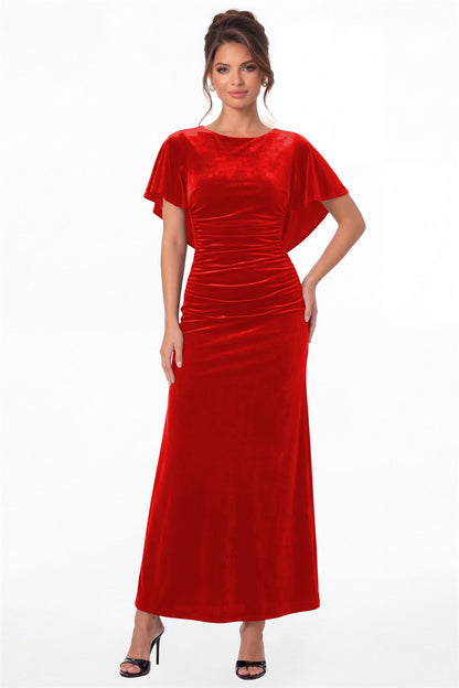 Red Scoop Neck Cape Sleeve Ruched Velvet Maxi Gown - Front View