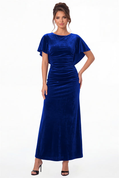 Royal Blue Scoop Neck Cape Sleeve Ruched Velvet Maxi Gown - Front View