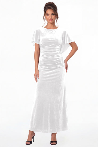 White Scoop Neck Cape Sleeve Ruched Velvet Maxi Gown - Front View