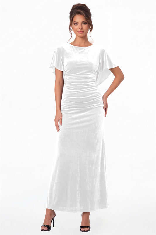 White Scoop Neck Cape Sleeve Ruched Velvet Maxi Gown - Front View