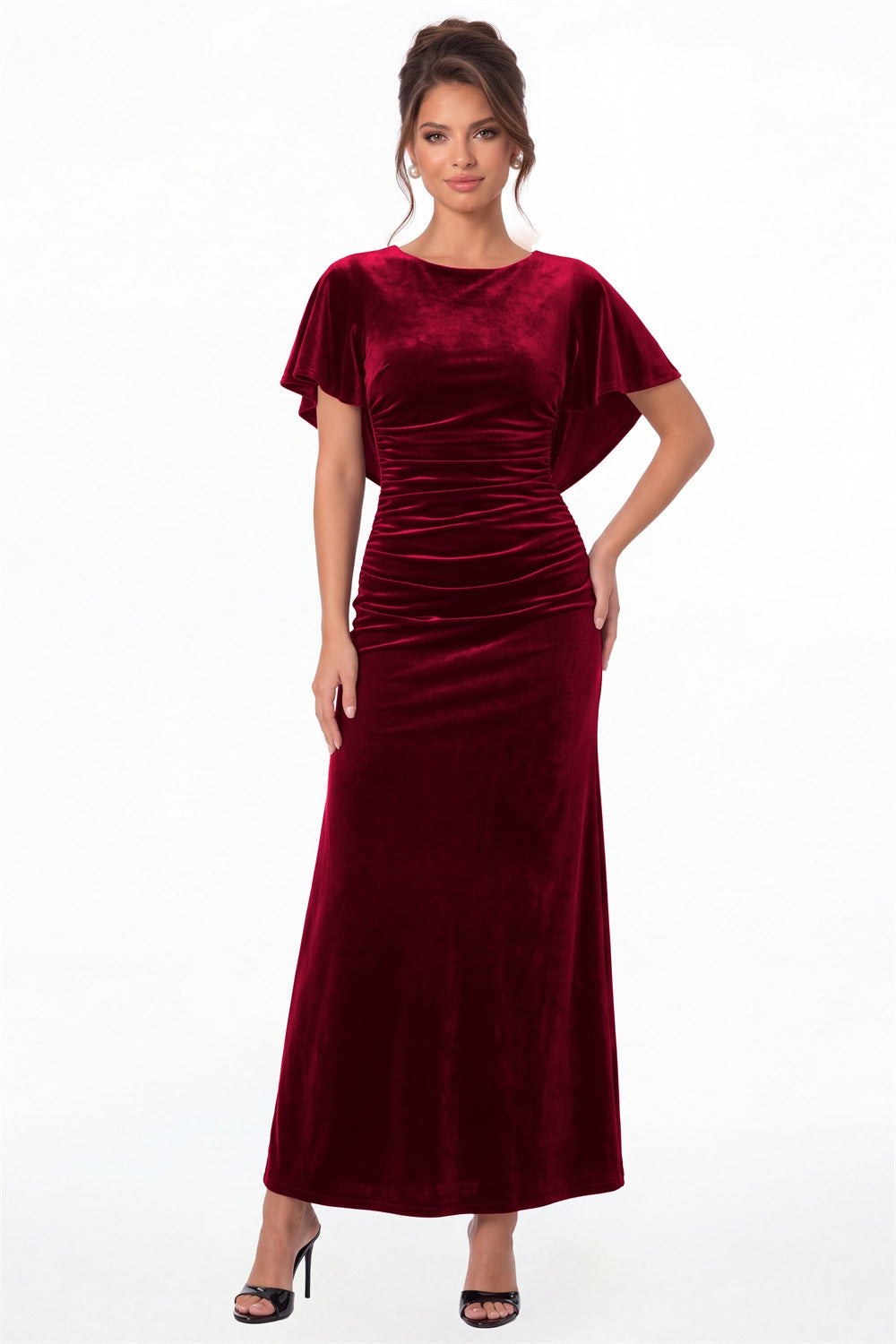 Wine Red Scoop Neck Cape Sleeve Ruched Velvet Maxi Gown - Front View