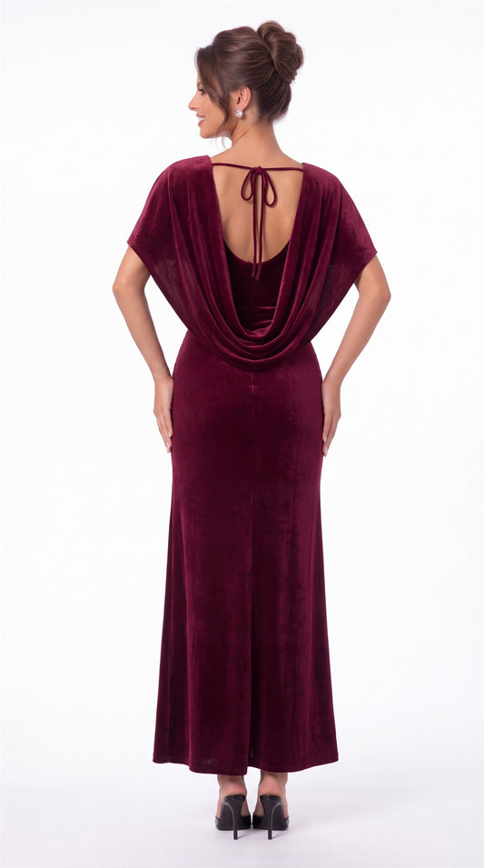 Scoop Neck Cape Sleeve Ruched Velvet Maxi Gown - Back View