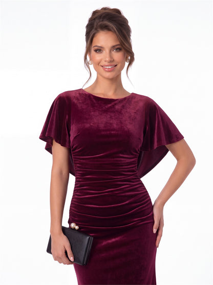Scoop Neck Cape Sleeve Ruched Velvet Maxi Gown - Detail View 1