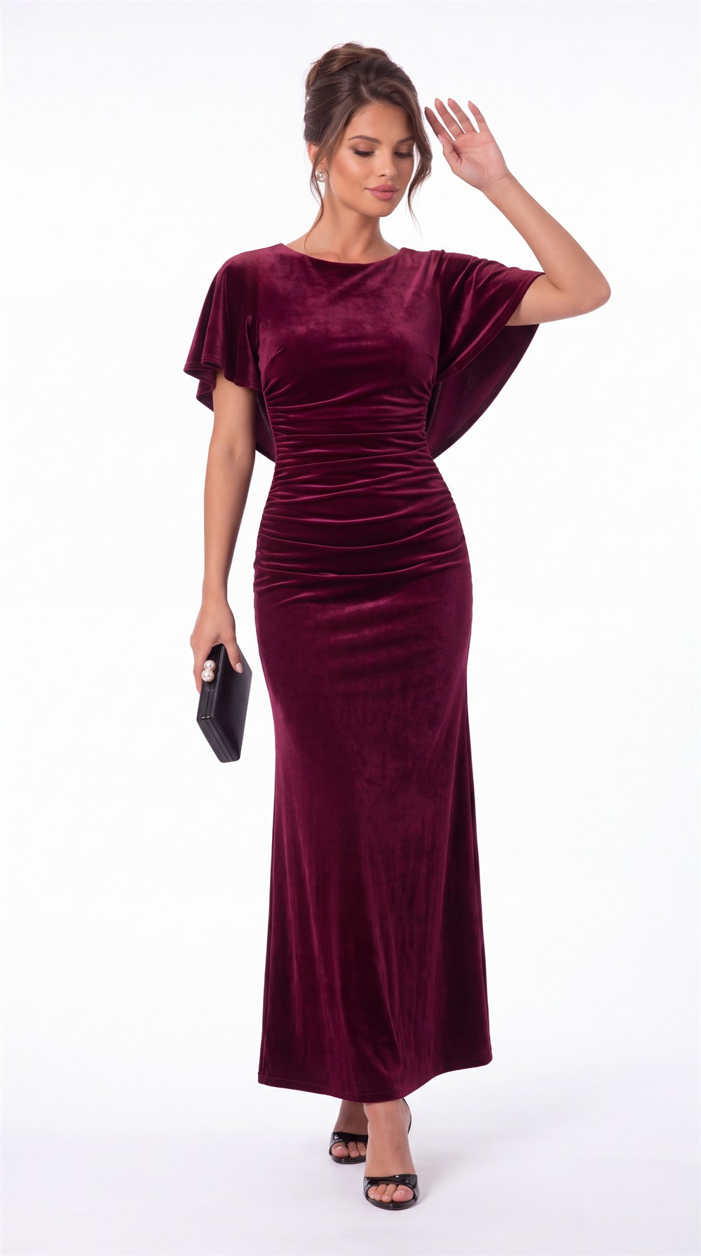 Scoop Neck Cape Sleeve Ruched Velvet Maxi Gown - Detail View 2