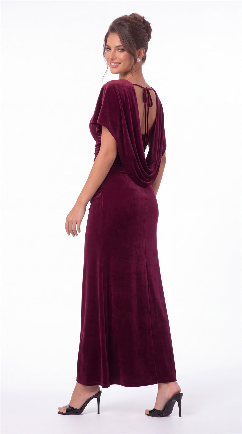 Scoop Neck Cape Sleeve Ruched Velvet Maxi Gown - Detail View 3