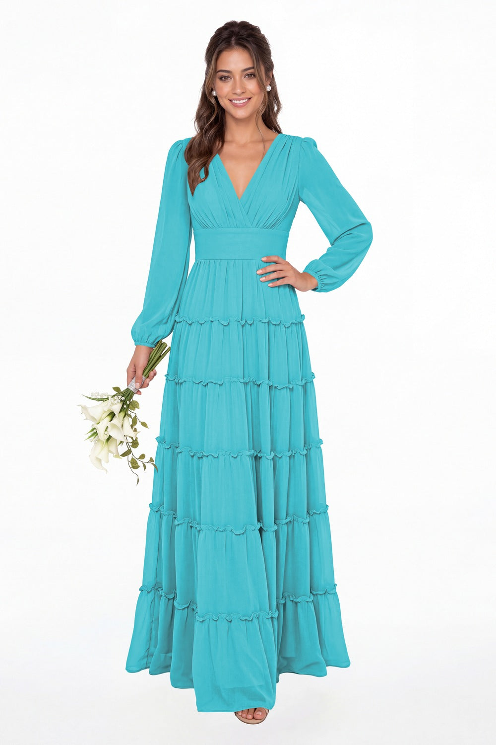 Aqua Blue V-Neck Long Sleeve Ruffle Ruched Chiffon Maxi Gown - Front View