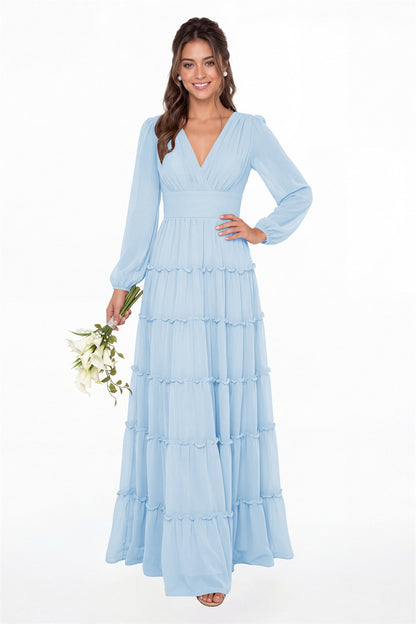 Baby Blue V-Neck Long Sleeve Ruffle Ruched Chiffon Maxi Gown - Front View