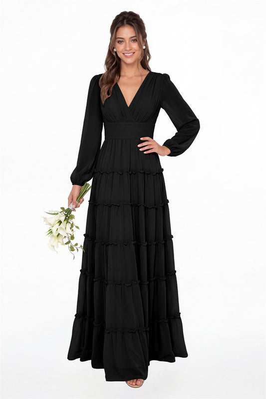 Black V-Neck Long Sleeve Ruffle Ruched Chiffon Maxi Gown - Front View