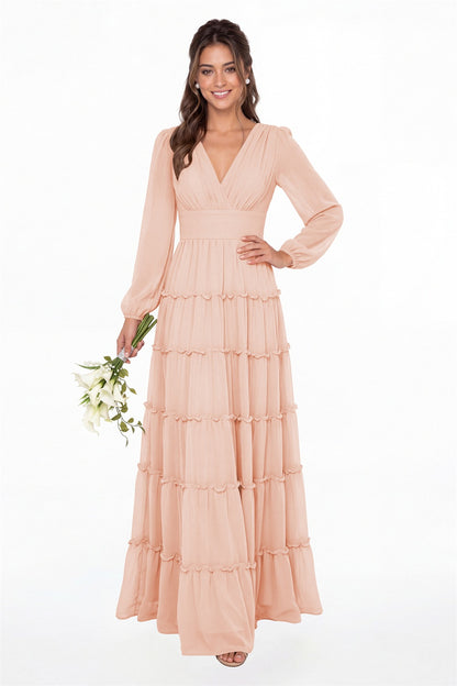 Blush Pink V-Neck Long Sleeve Ruffle Ruched Chiffon Maxi Gown - Front View