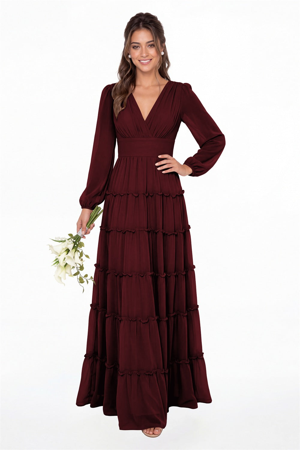 Burgundy V-Neck Long Sleeve Ruffle Ruched Chiffon Maxi Gown - Front View