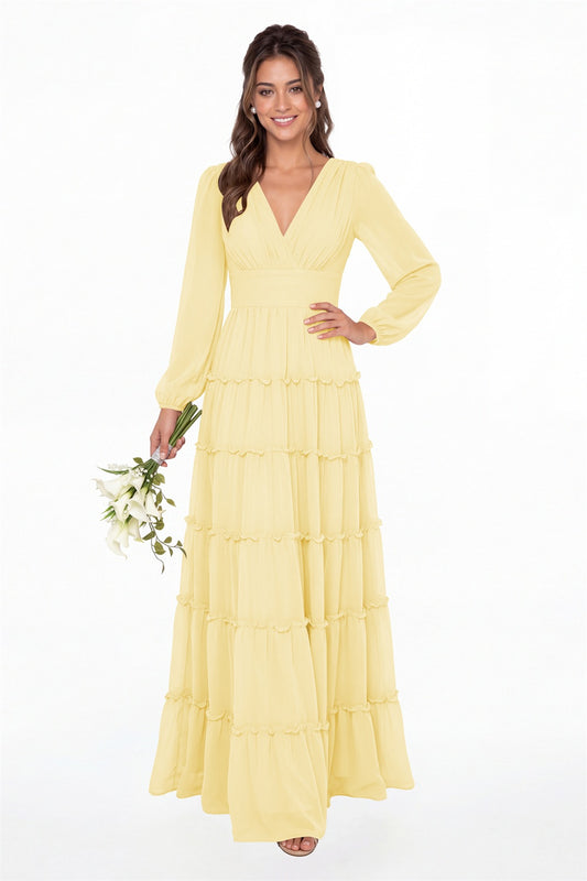 Butter Yellow V-Neck Long Sleeve Ruffle Ruched Chiffon Maxi Gown - Front View