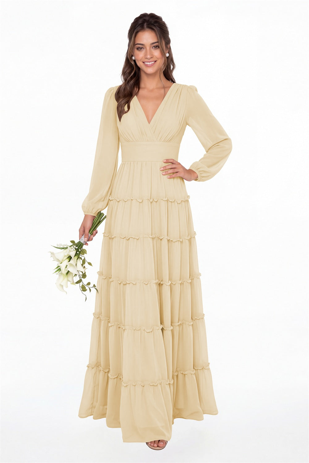 Champagne V-Neck Long Sleeve Ruffle Ruched Chiffon Maxi Gown - Front View